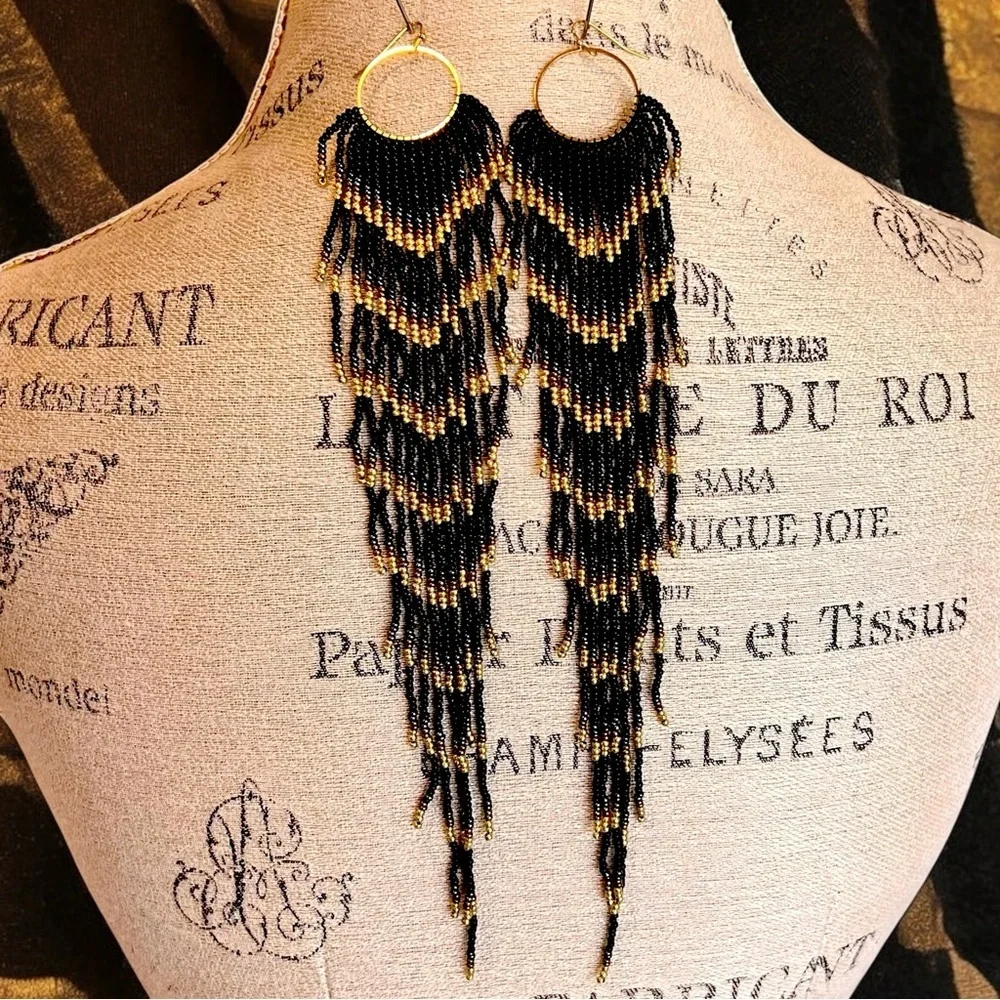 Black and Gold Glass Beaded Chandelier Earrings with Cascading Feather Design